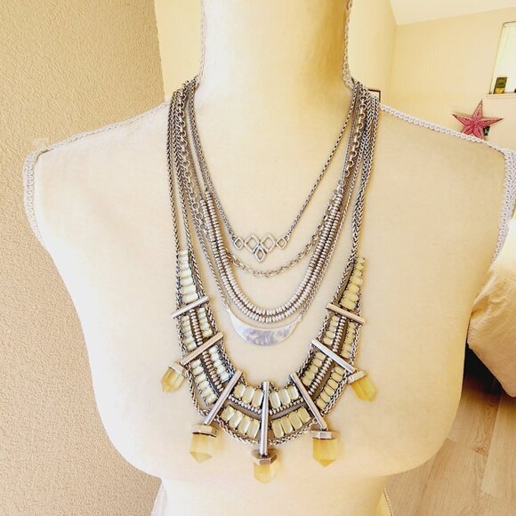 Lucky Brand Citrine Tone Quartz Acrylic Multi Chain Boho Statement Necklace - Picture 1 of 5